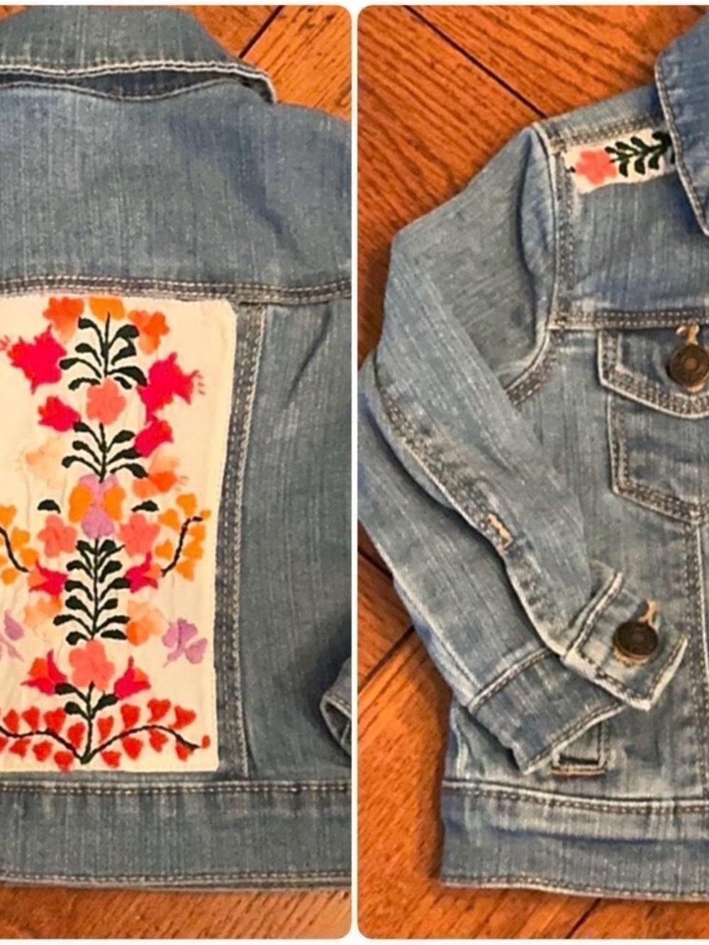 Denim Upcycled Embroidered Baby Jacket Floral - Picture 3 of 5